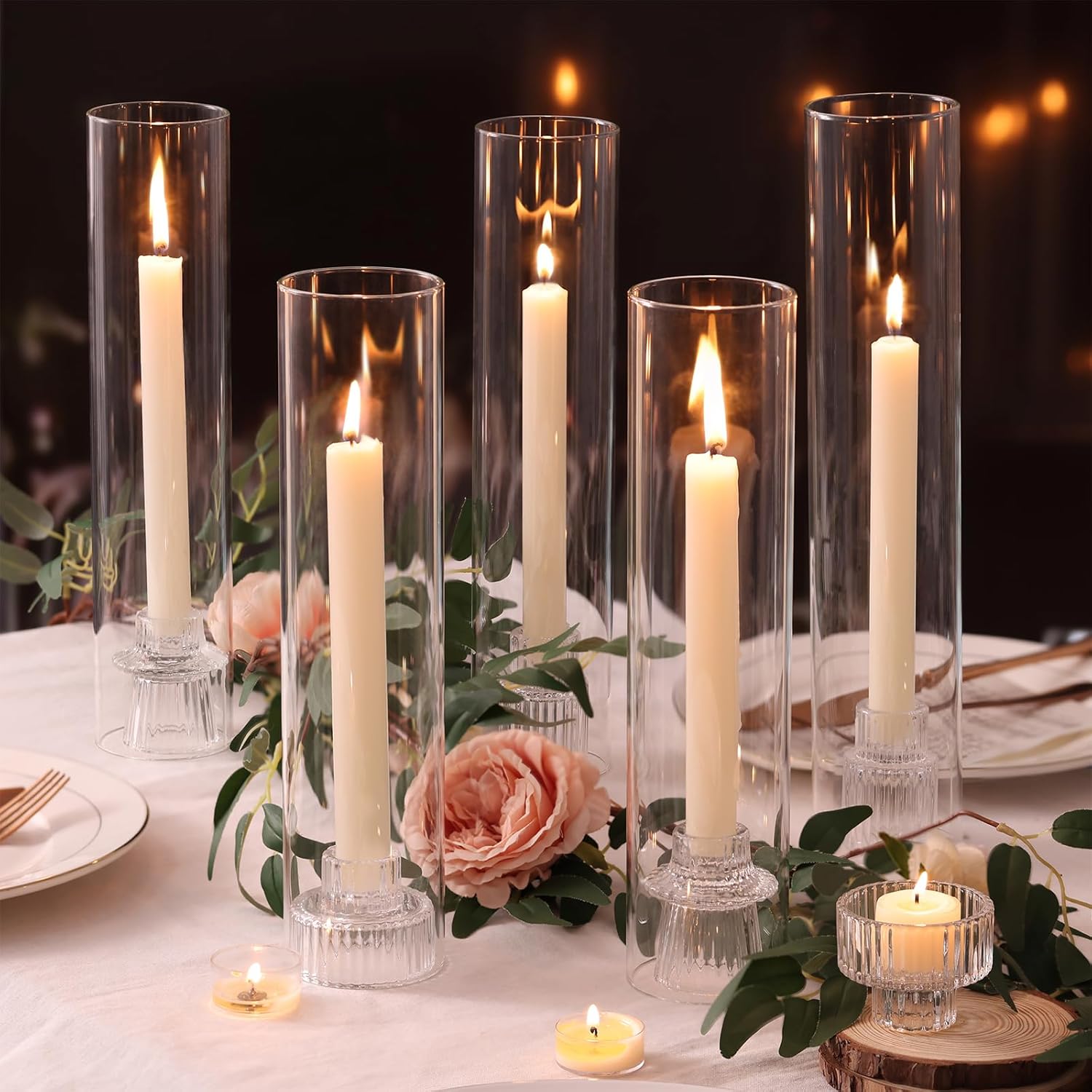 9 Set Hurricane Glass Candle Holders for Taper Candles, Candlestick Holders with Windproof Glass Tubes(11.8"/12.6"/13.8" H), Taper Candle Holders for Table Centerpieces, Wedding, Party Decor
