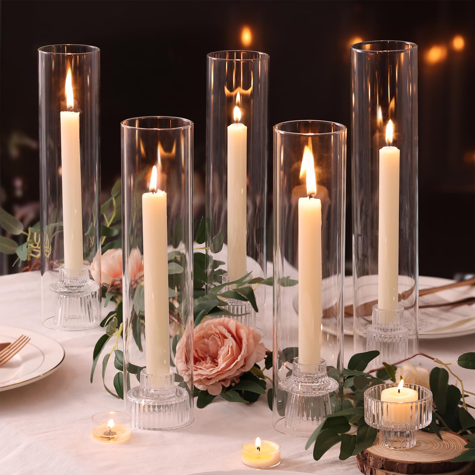 Photo 1 of NITIME 9 Set Hurricane Glass Candle Holders for Taper Candles, Candlestick Holders with Windproof Glass Tubes(11.8"/12.6"/13.8" H), Taper Candle Holders for Table Centerpieces, Wedding, Party Decor