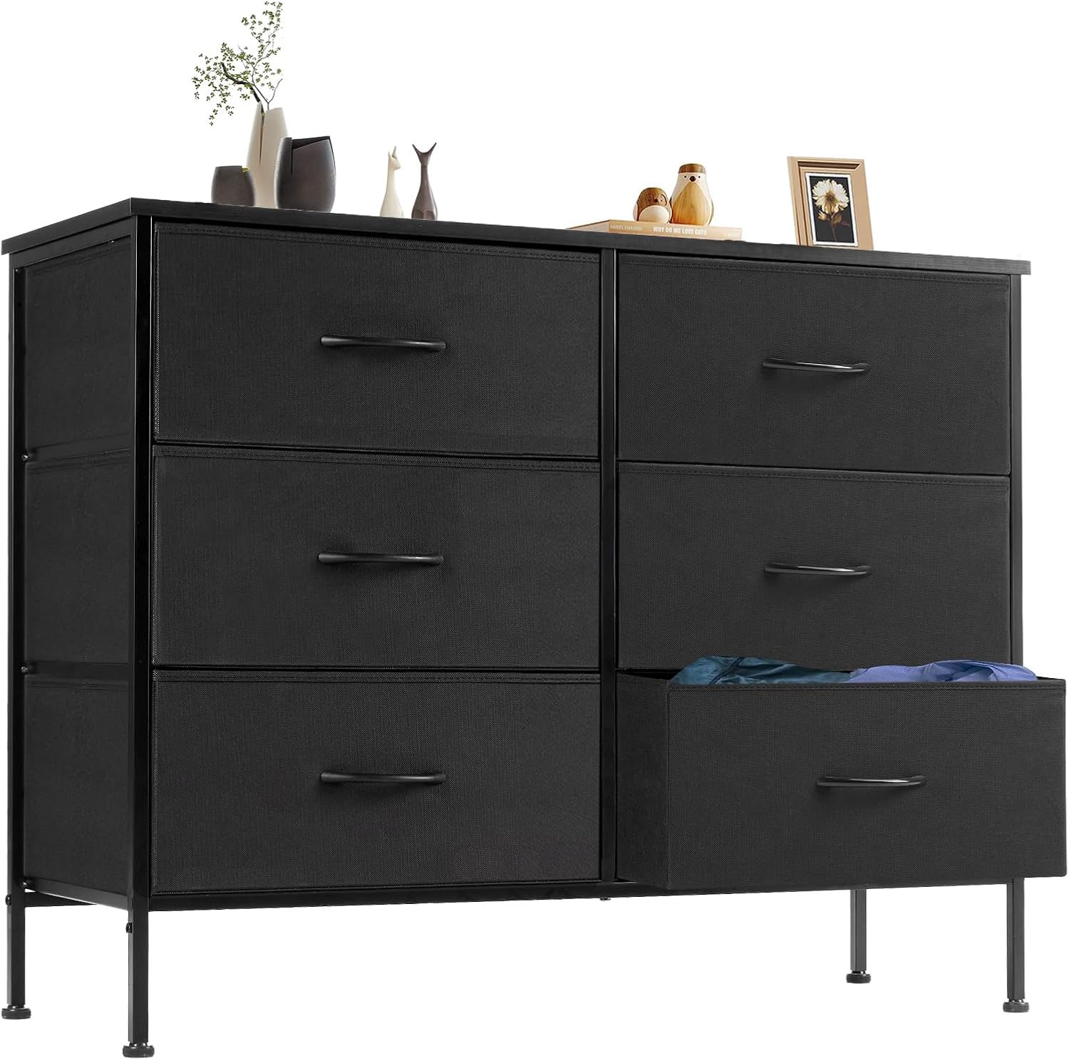 Sweetcrispy Dresser, Dresser for Bedroom Furniture, Storage Drawers, TV Stand Fabric Storage Tower with 6 Drawers, Chest of Drawers with Wooden Top for TV up to 45 inch, for Closet, Entryway, Nursery