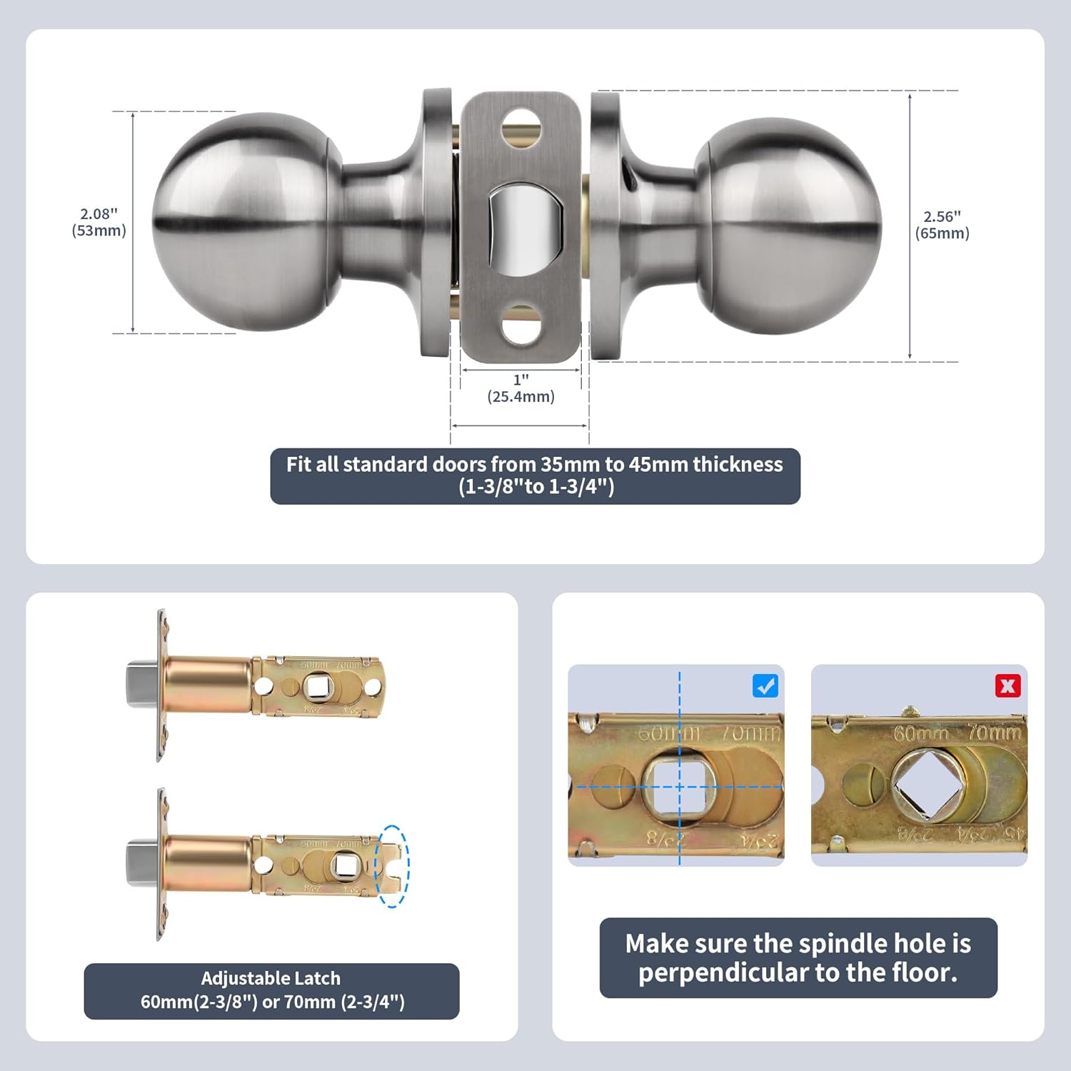 Moquin Passage Door Knob Without Lock or Key, Non-Locking Interior Round Ball Door Knob for Hallway or Closet, Satin Nickel
