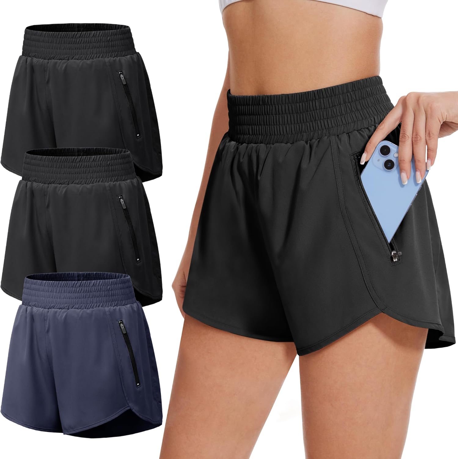 BALENNZ Women's Athletic Workout Shorts with Zipper Pockets Activewear Elastic Waist Gym Running Shorts