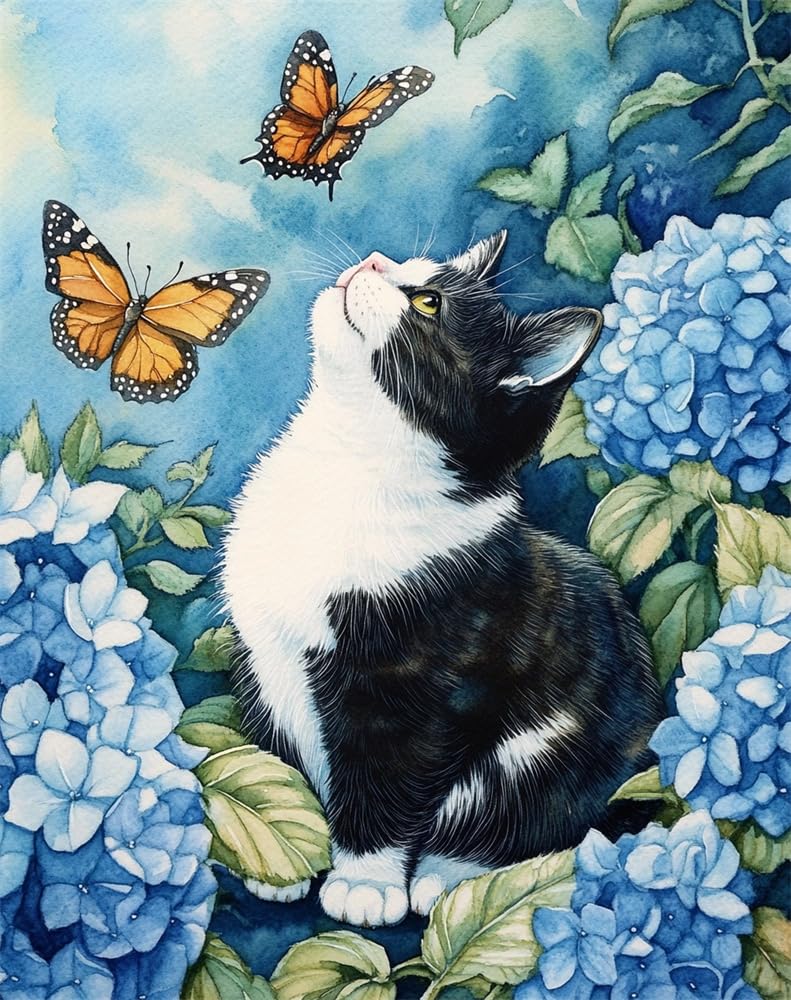 Henypt 11Ct DIY Stamped Cross Stitch Kits for Adults Cute Cat and Butterflies Cross Stitch Kits Landscape Oil Painting Cross-Stitch Kits Counted Embroidery Kits for Adults