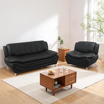Living Room Furniture Set for Living Room, Faux Leather Couch Sets, Modern Couch for Apartment, Home, OfficeSofa and Chair,Black