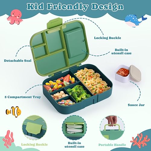Miniatura 3 de QQKO Lonchera Bento para niños, lonchera para adultos, contenedores para niños y niñas con 5 compartimentos, contenedor de comida con utensilios,