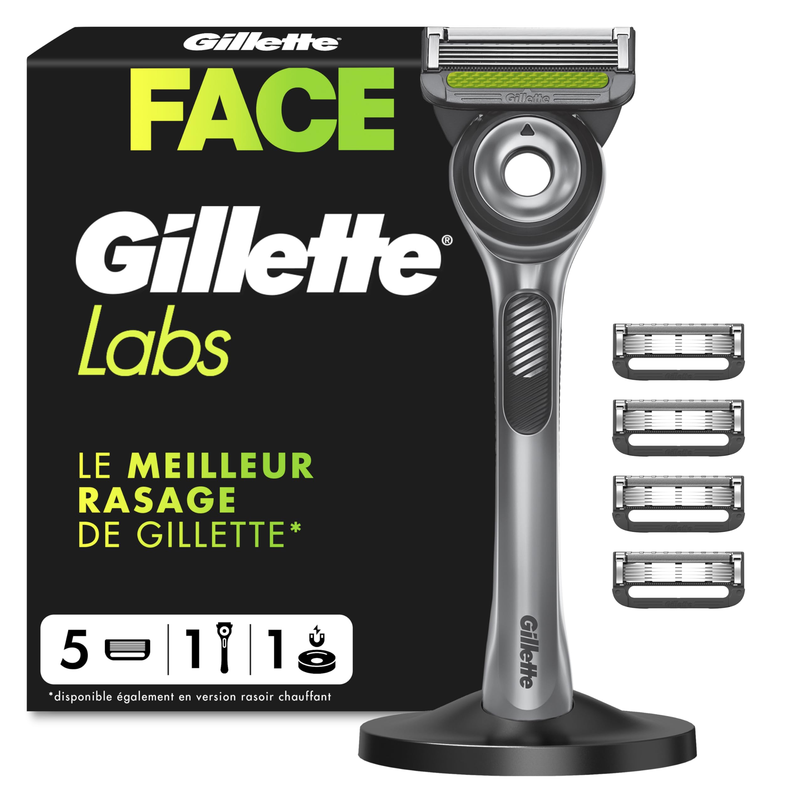 Gillette Labs Rasoir Homme, avec 5 Recharges, Argent – Manche Réutilisable en Métal, Cartouche de Rechange à Lames Affutées, Rasage Efficace avec la Technologie FlexDisc 2D