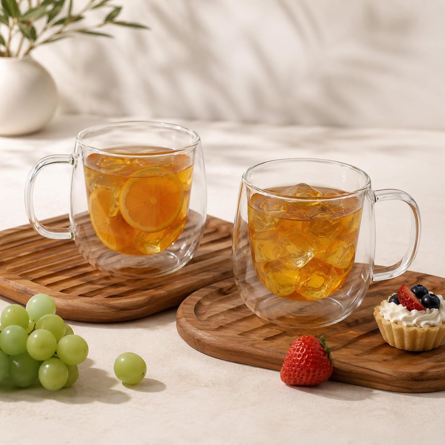 4 Pack Double Walled Glass Coffee Mugs with Handle