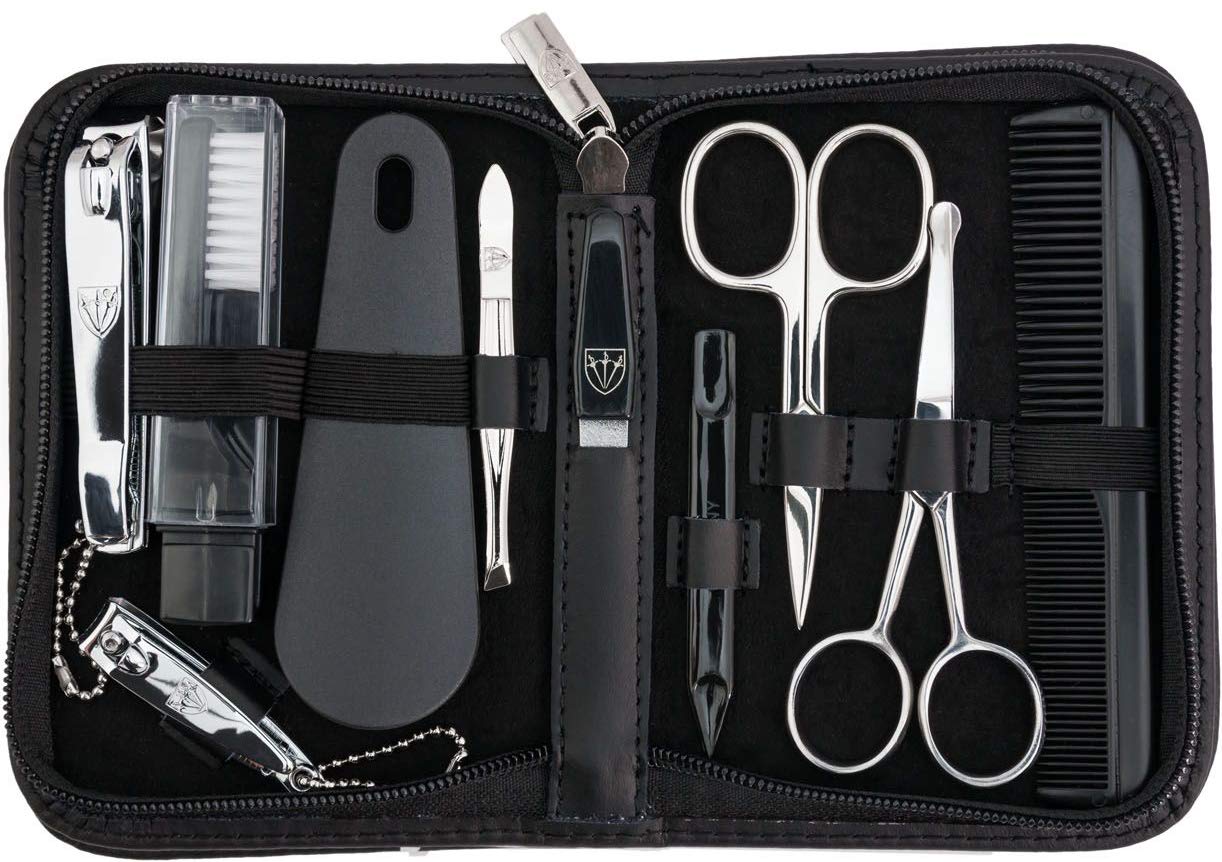 3 Swords Germany – brand quality 10 piece manicure pedicure grooming kit set for nail care tweezers file clipper, Made by 3 Swords (BLACK - GENUINE LEATHER) : Beauty & Personal Care