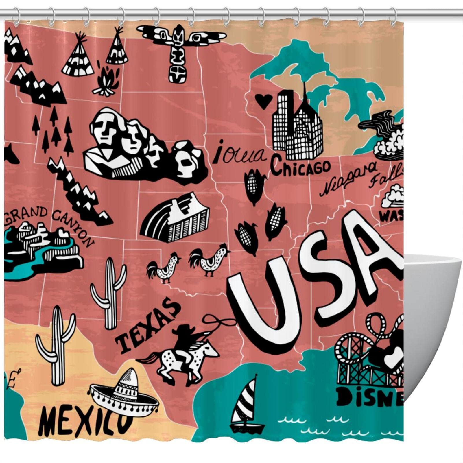 Rideau de douche carte des États-Unis anti-éclaboussures avec fixations