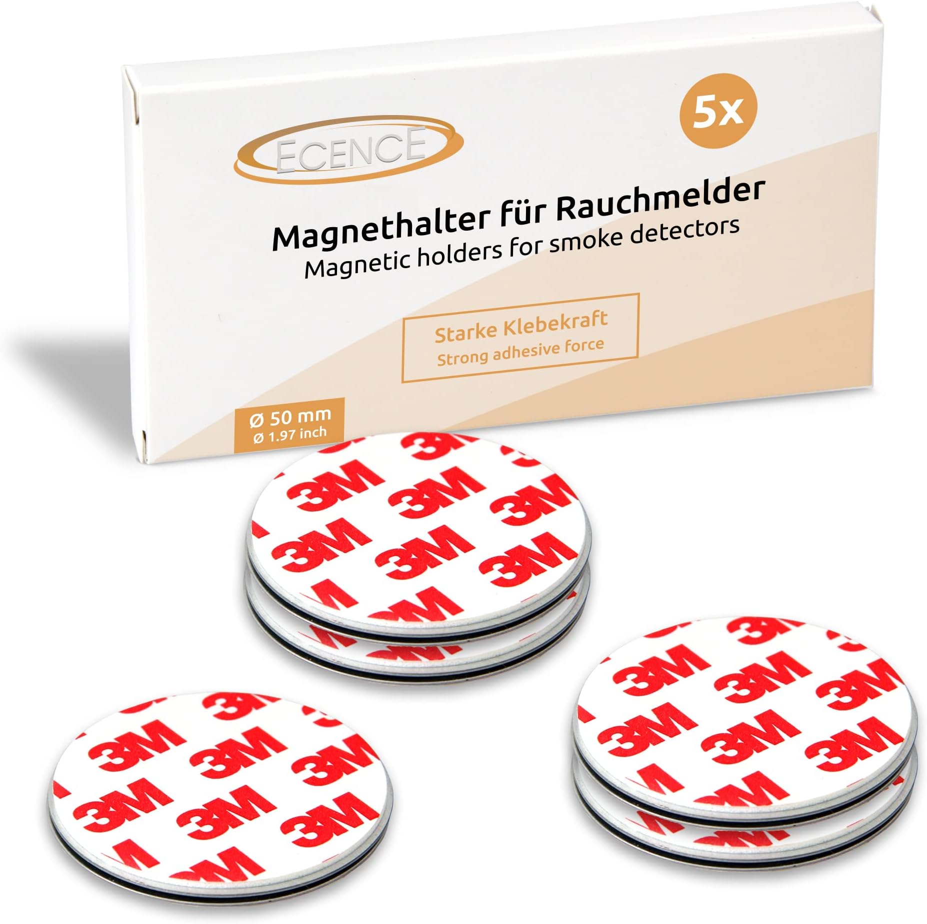 ECENCE ECENCE Adhesive Magnetic Plate for Smoke Detectors, 5 Self-Adhesive Magnetic Mounts, Diameter 50 mm, Can Be Installed Without Drilling or Screws for All Smoke Alarms and Fire Alarms