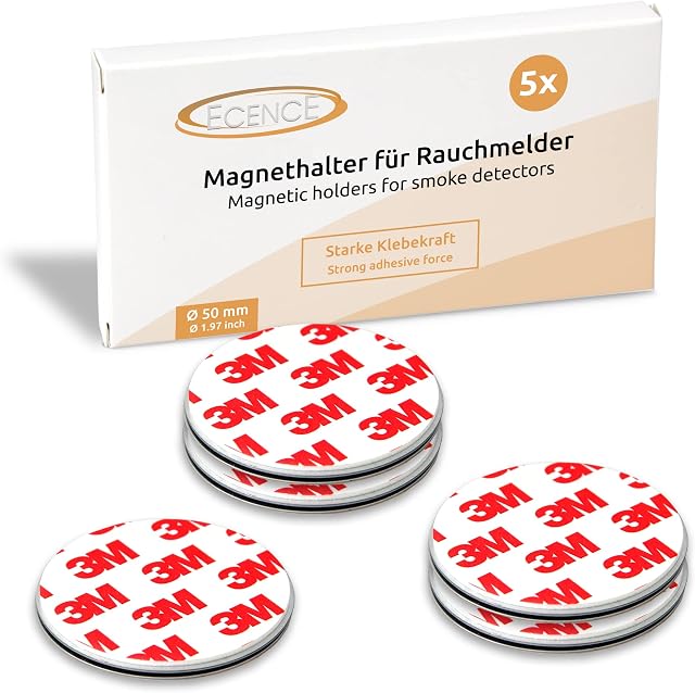 ECENCE 5pcs Magnetic Smoke Detector Mount Magnetic Adhesive Pads For Smoke Alarms Ø 50mm - Fast & Safe Mounting - No Drilling Or Screws - Fire Protection - Installation Tool