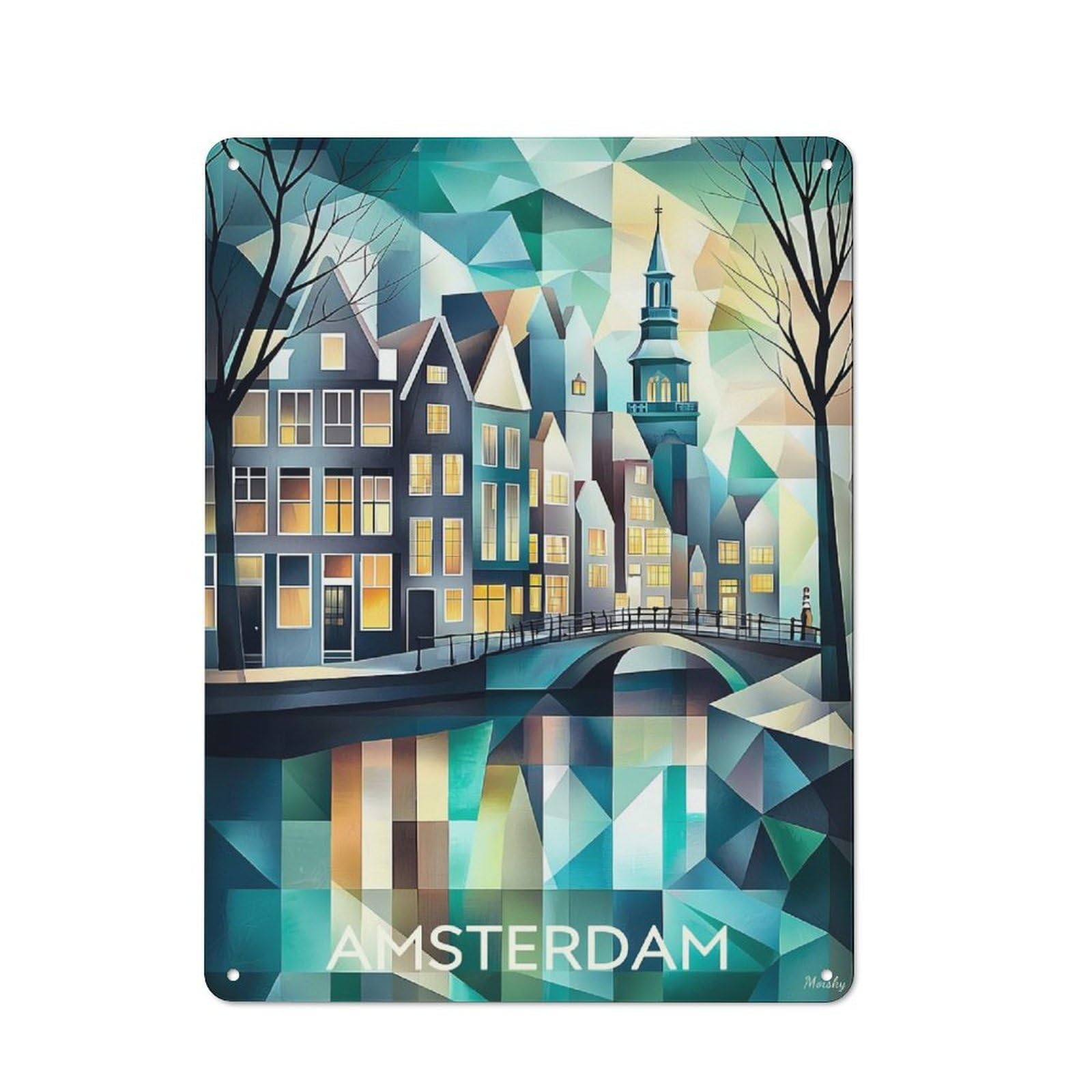 Junmoney Cubist Amsterdam Skyline With Iconic Canals Rustic Tin Sign 40X30cm Featuring For Bar Or Restaurant, Seasonal Metal Wall Decor For Autumn Interiors