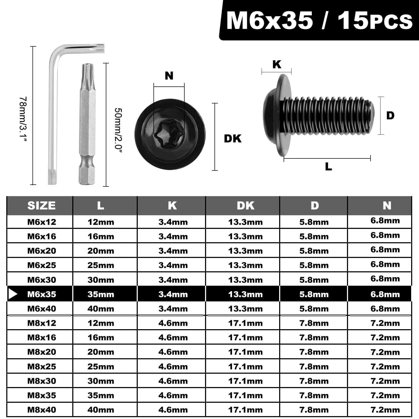 15 sztuk wkrętów M6, czarne, śruby z łbem płaskim M6 x 35 mm, stal nierdzewna, A2, V2A, śruby Torx ze śrubami kołnierzowymi, śruby z łbem soczewkowym z kluczem Torx i wiertłem do konserwacji i
