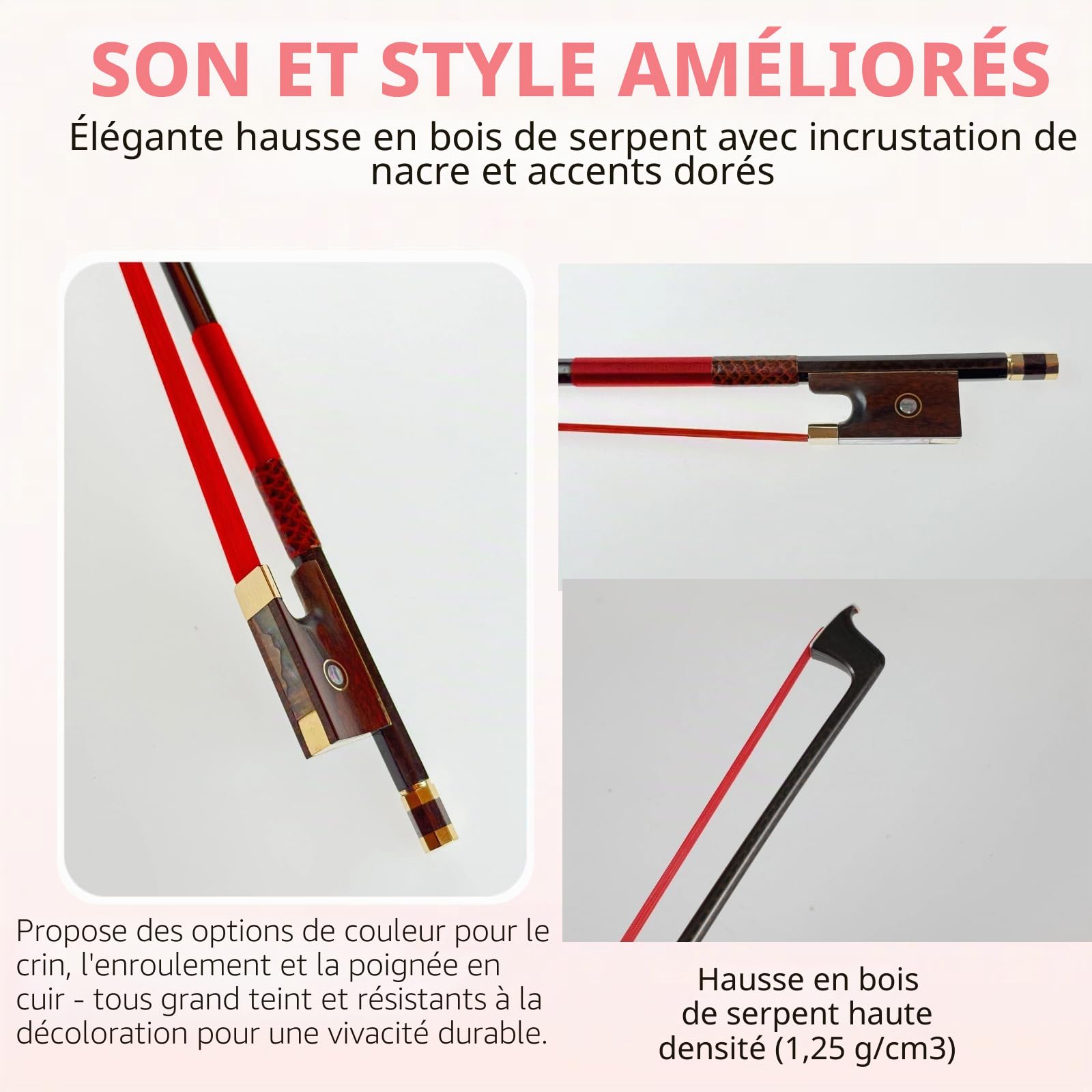Archet de violon en fibre de carbone 4/4 ultra léger et incassable avec crin de cheval coloré, incrustations de grenouille en bois de serpent et nacre, qualité professionnelle pour les voyages et les