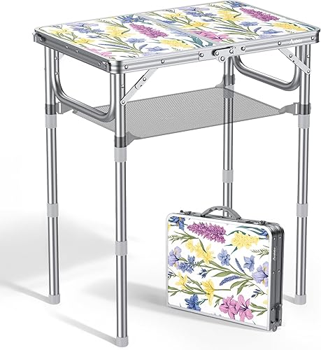 Miniatura 10 de Anbte Mesa de campamento plegable, de aluminio de 24 x 16 pulgadas, altura ajustable, pequeña mesa plegable con asa de transporte, ligera, mesa