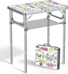 Anbte 2ft Folding Camping Table, 3 Adjustable Height Small Folding Table with Storage Net Lightweight &amp; Portable with Carry Handle, for Outdoor Indoor Camping Beach Hiking BBQ RV, Blooming Floral