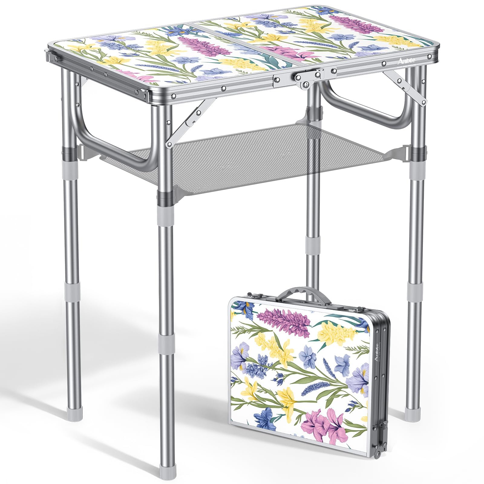 Anbte 2ft Folding Camping Table Max 70cm, 3 Adjustable Height Picnic Table with Storage Net Lightweight & Portable with Carry Handle, for Outdoor Indoor Camping Beach BBQ RV, Blooming Floral