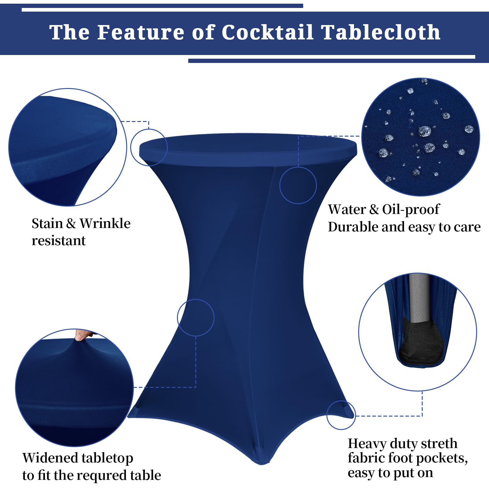 Paquete de 6 manteles elásticos de elastano con esquinas cuadradas de 80 x 110 cm, ajustables para mesa alta, resistentes al agua, mantel redondo para bar, boda, cóctel, fiesta, banquete (azul marino)