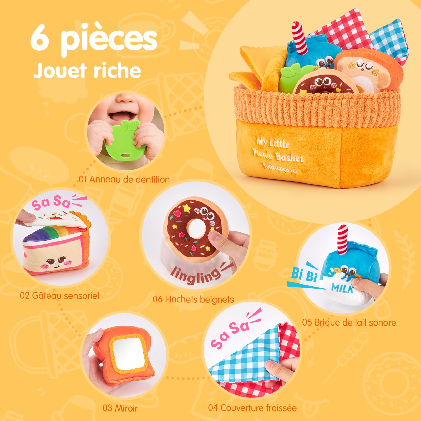 hahaland Jouets BéBé 6 à 12 Mois Peluche Sensorielle Pique-Nique – Jouet Eveil Bebe Voyage Doux Lavable avec Anneau Dentition sans BPA, Hochets, Miroir Montessori Cadeau Enfant 1+ an