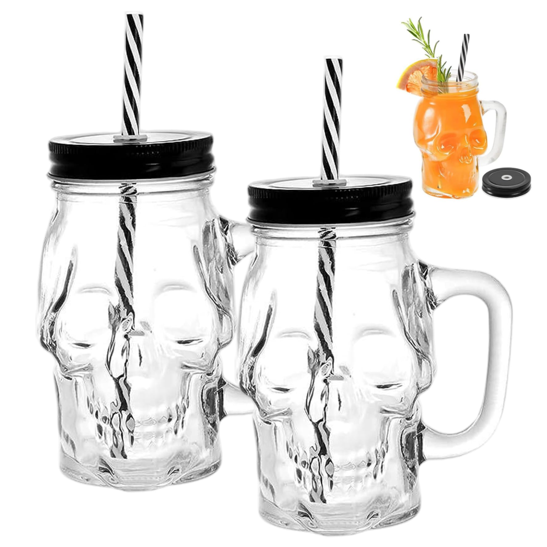 CAKEEYUM 2Pcs Halloween Glass Cups 16oz Skull Mason Jar Cups with Straw & Lid Halloween Glasses Drinking with Handle for Whiskey, Wine, Beverages Glass, Skull Cup, Mason Jar