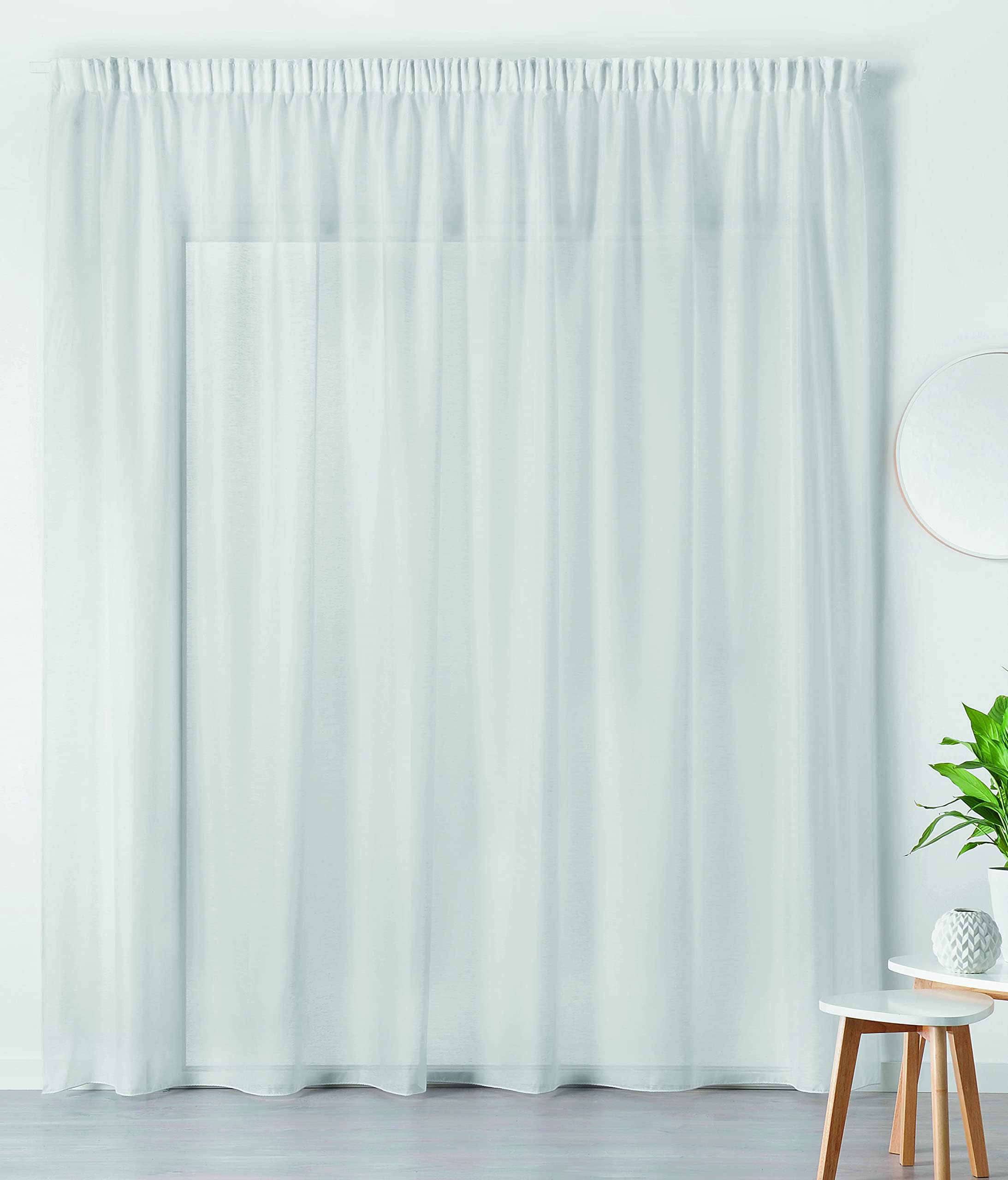Rideau Voilage Grande Largeur 300x240 Cm, Effet Lin Ivoire Blanc, 1 Panneau