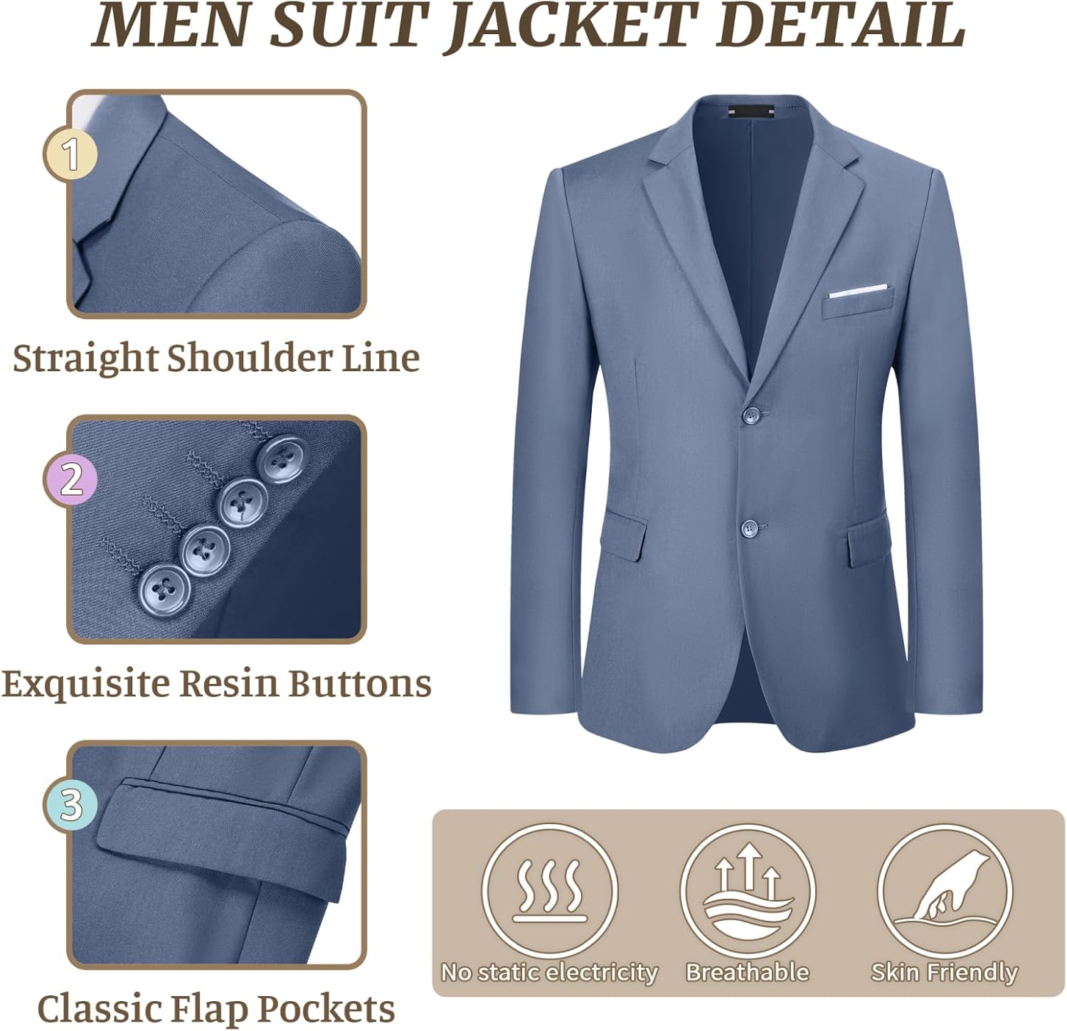 JPF Men's 2 Piece Slim Fit Suit Set, Two Button Solid Jacket Pants with Tie Suits for Men - Image 4