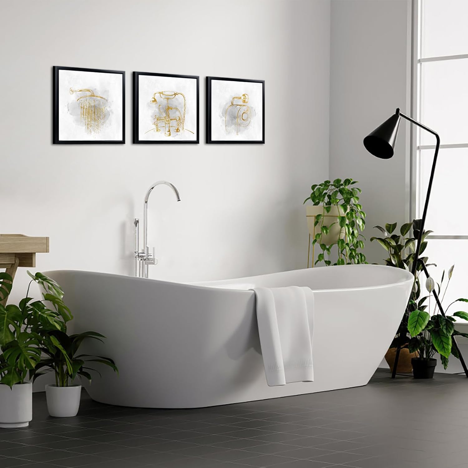 HOMEOART Gold Grey Bathroom Wall Art Bathroom Decor Picture, Set of 3, Black Frame 12x12 inch