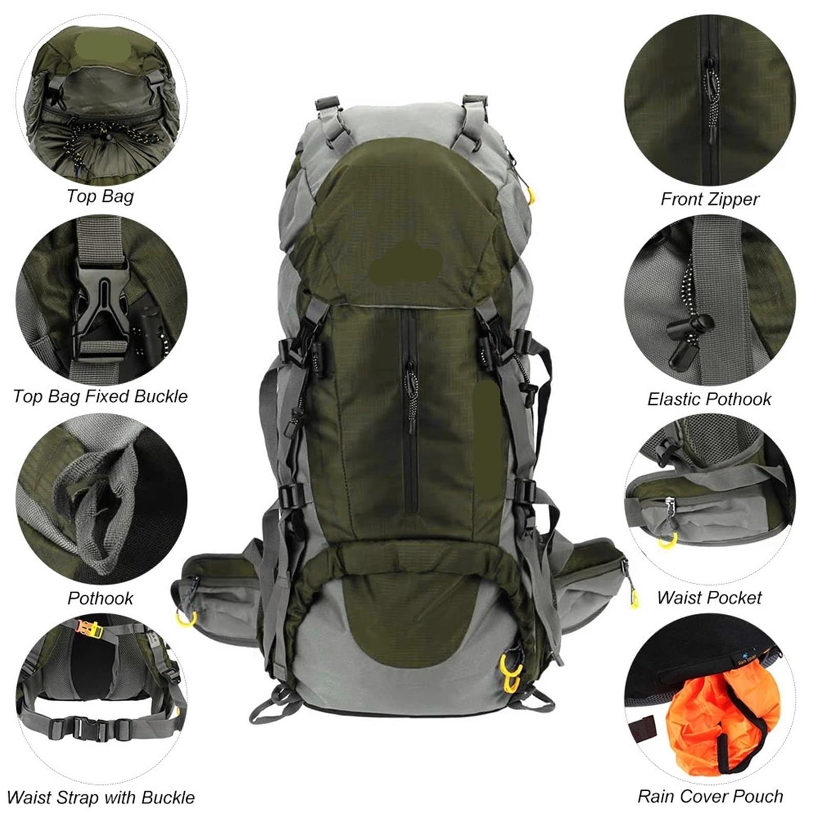Generico Zaino impermeabile da 50 litri for esterni, con copertura antipioggia for trekking, campeggio, viaggi, alpinismo e arrampicata