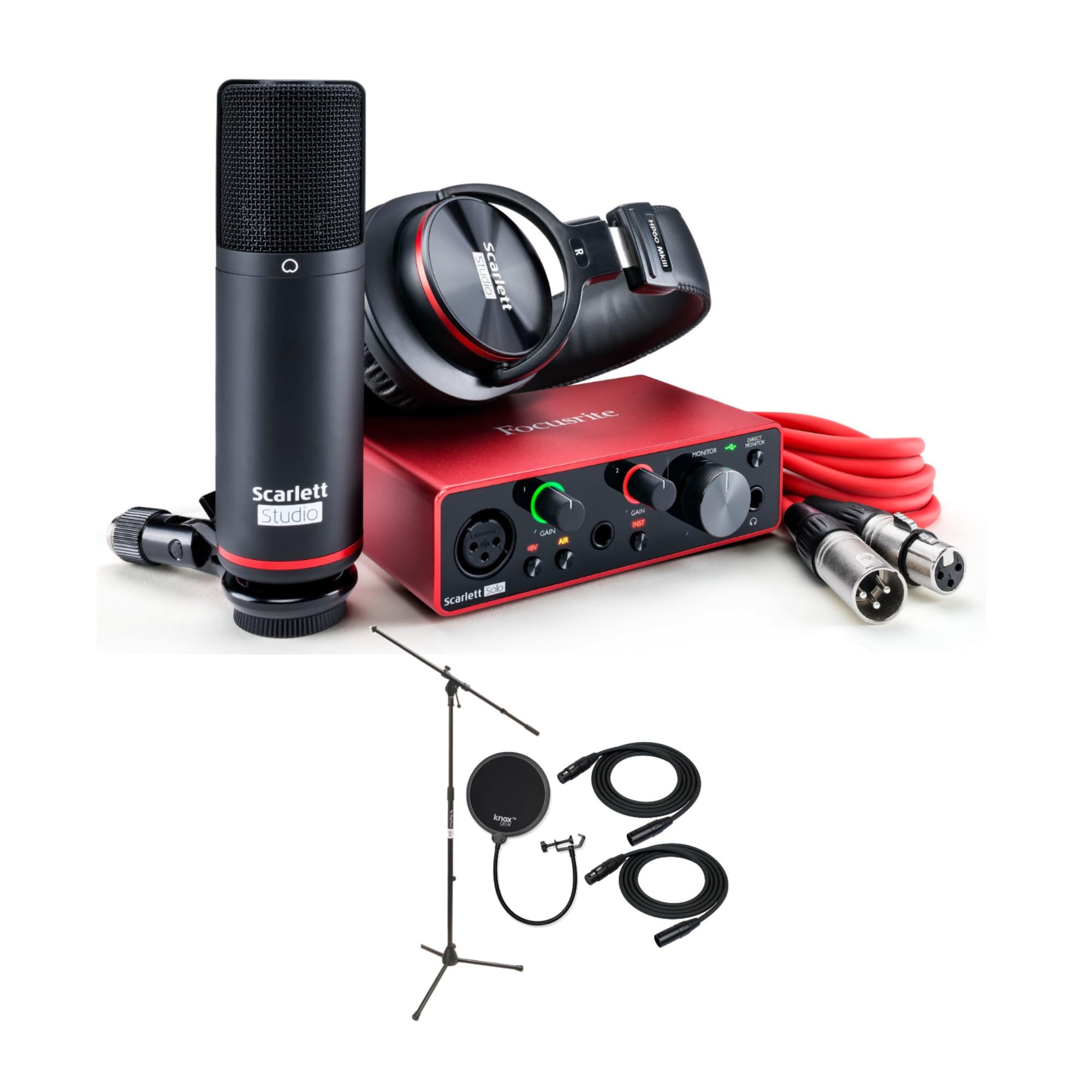 FocusriteScarlett Solo Studio 3rd Gen USB Audio Interface and Recording Bundle with Boom Microphone Stand, Microphone Cables and Pop Filter (5 Items)