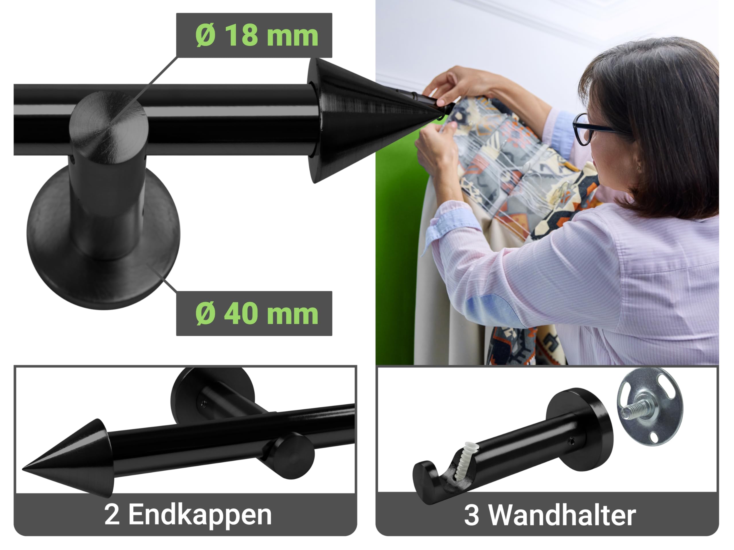 Tringle a rideaux télescopique noir 160-310 cm - Tringle rideau extensible et réglable, également utilisable comme tringle de douche - Embouts cône