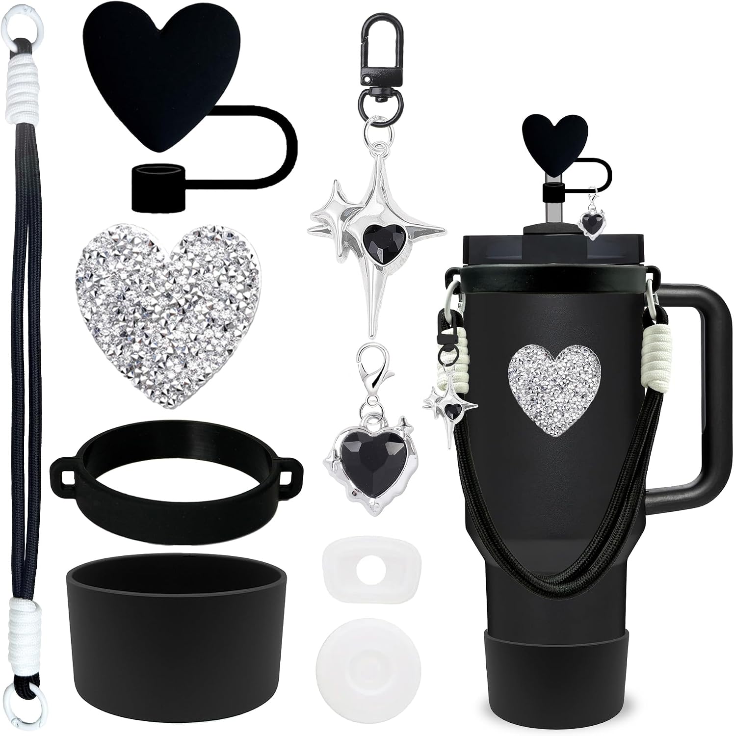 9 Pieces Stanley Cup Accessories Set Including Water Bottle Handle Strap, Stanley Cup Boot, Siliocne Bow Straw Cover, Shiny Cat Charms for Stanley Cup 40oz & 30oz Tumbler (Black)