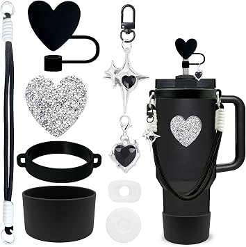 9 Pieces Stanley Cup Accessories Set Including Water Bottle Handle Strap, Stanley Cup Boot, Siliocne Bow Straw Cover, Shiny Cat Charms for Stanley Cup 40oz & 30oz Tumbler Black
