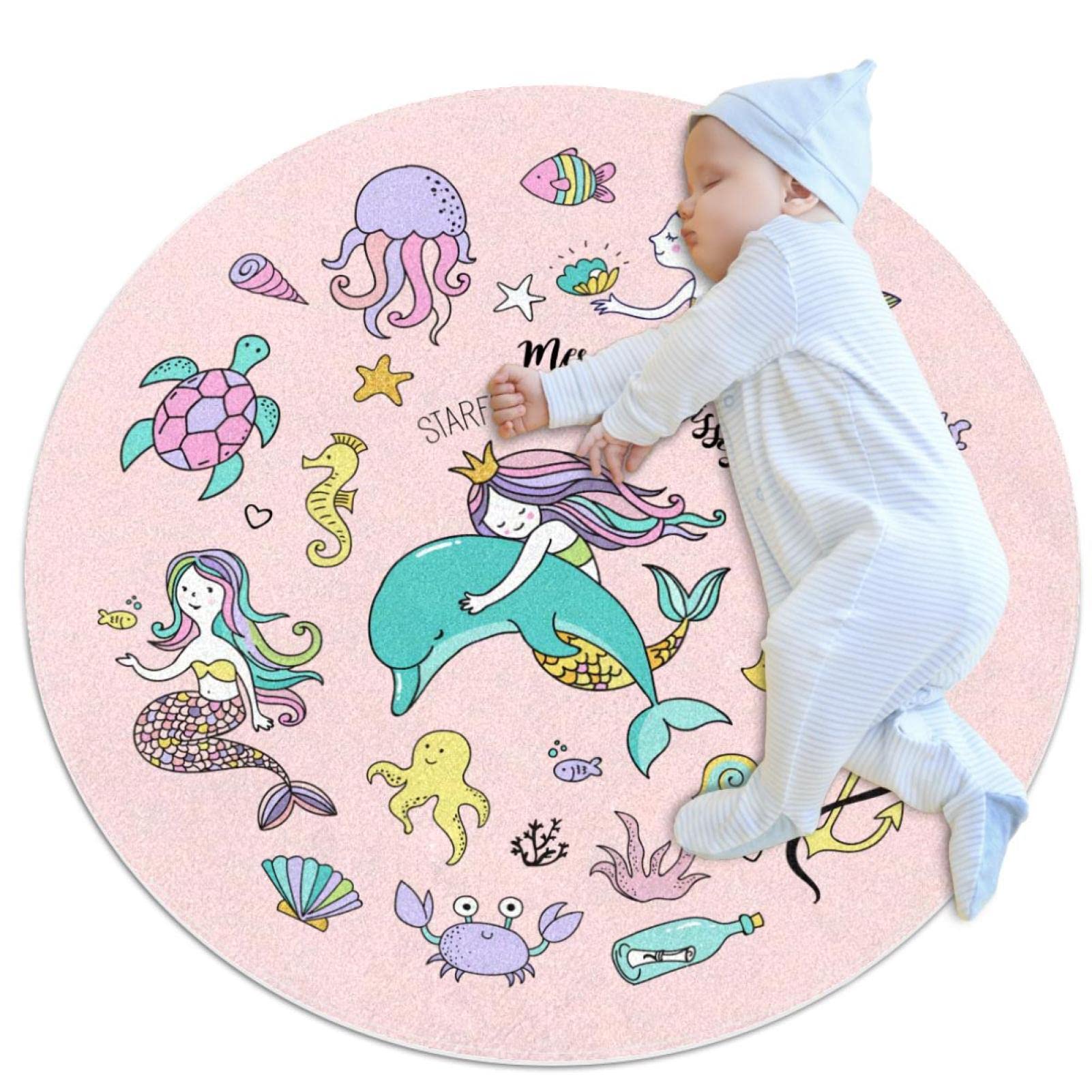 Tapis de jeu pour enfants JDEZ rond 80x80cm motif dauphin et sirène