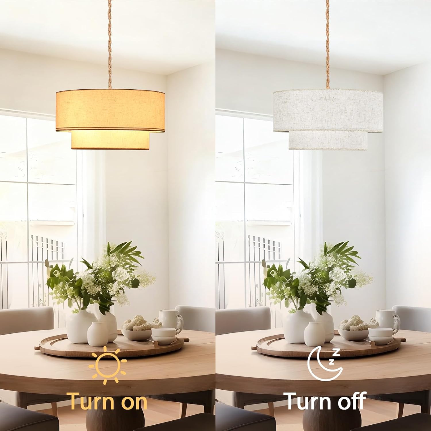 Plug in Pendant Light, 2-Tier Drum Linen Pendant Lights with 15.7FT Handmade Woven Light Cord，17.7" Plug in Chandelier for Dining Room Kitchen Island and Bedroom