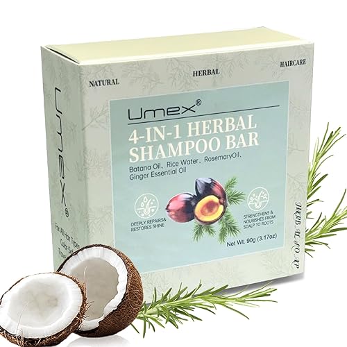 Umex Barra de champú de hierbas  Agua de arroz, romero y aceite de batana  Champú sólido para cabello suave, liso y brillante (90 g3.17 oz)