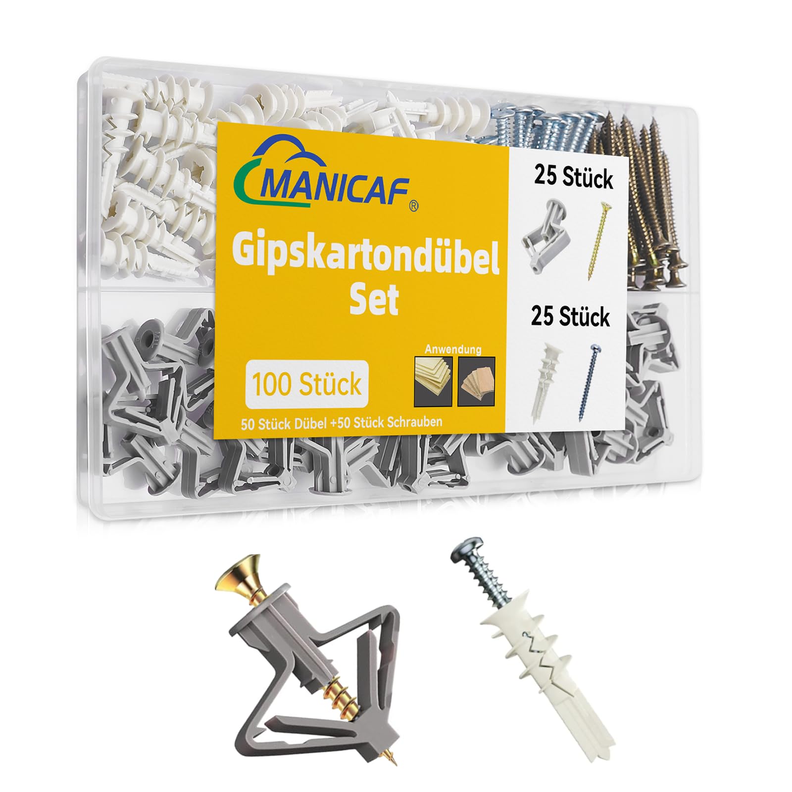 MANICAF Zestaw kołków do płyt gipsowo-kartonowych, 100 sztuk (szare, 32 mm)