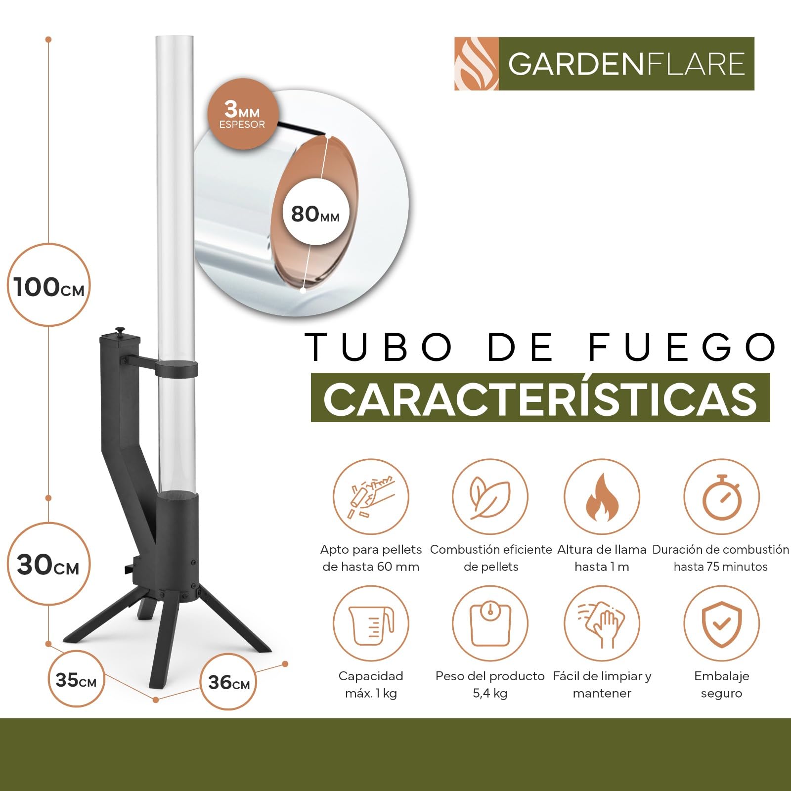 GARDENFLARE Brasero de Pellets Exterior — Chimenea de Terraza Acero Inoxidable Negro Mate, Antorcha de Pellets sin Humo, Llamas hasta 1 m, Fuego Ambiental Jardín y Terraza