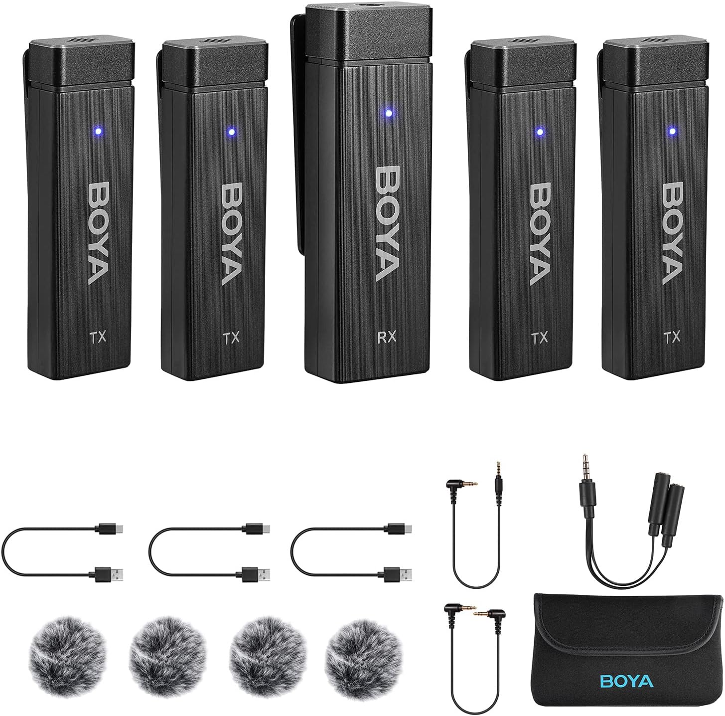 BOYA BY-W4 Multiple Wireless Lavalier Microphone for 4 People,Mini Wireless Lapel Mic with Noise Cancelling & Real Time Monitoring for Youtube Vlog Interview Video Conference Online Teaching