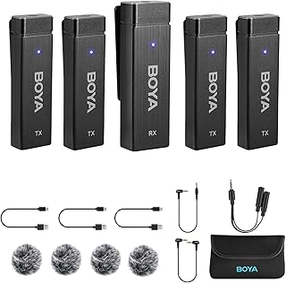 Boya by-W4 2.4G Wireless Lavalier Microphone System with 4 Transmitters and a Receiver for Digital SLR Camera Camcorder Smartphones Interview Vlog Video YouTube