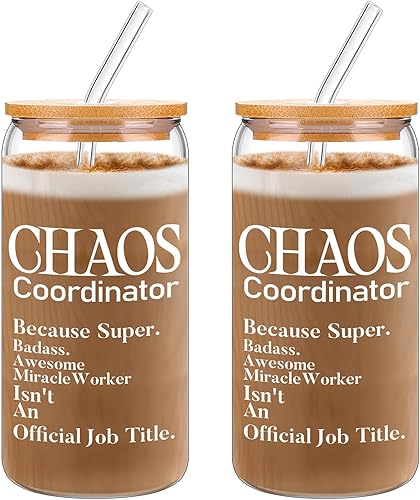 Nuenen 2 piezas de regalos para amigos, regalos de entrenador, coordinador del caos para mujeres, vaso de café de vidrio de 16 onzas para
