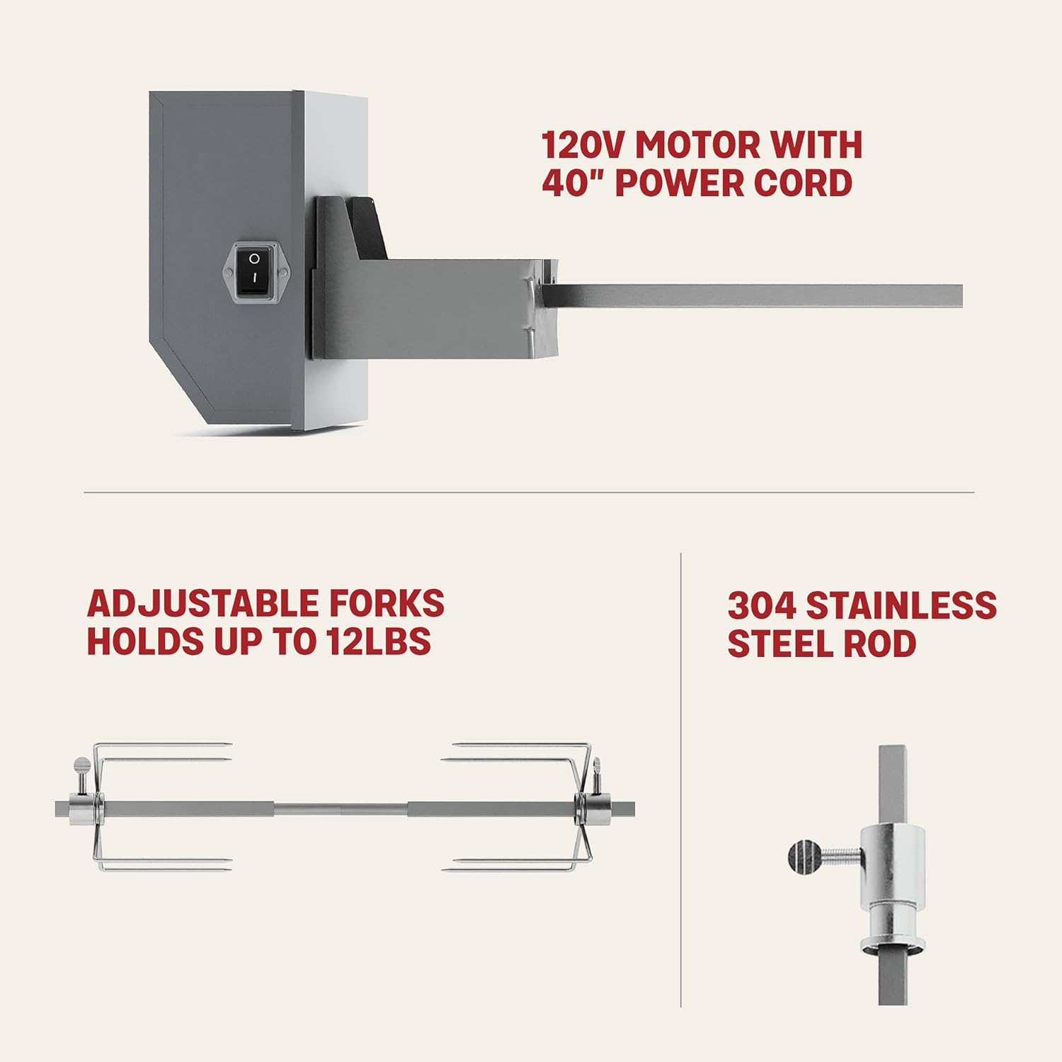 TYTUS Motorized Rotisserie Kit with Stainless Steel Rod for 4-Burner Gas Grills, 120V Electric Motor with Adjustable Forks