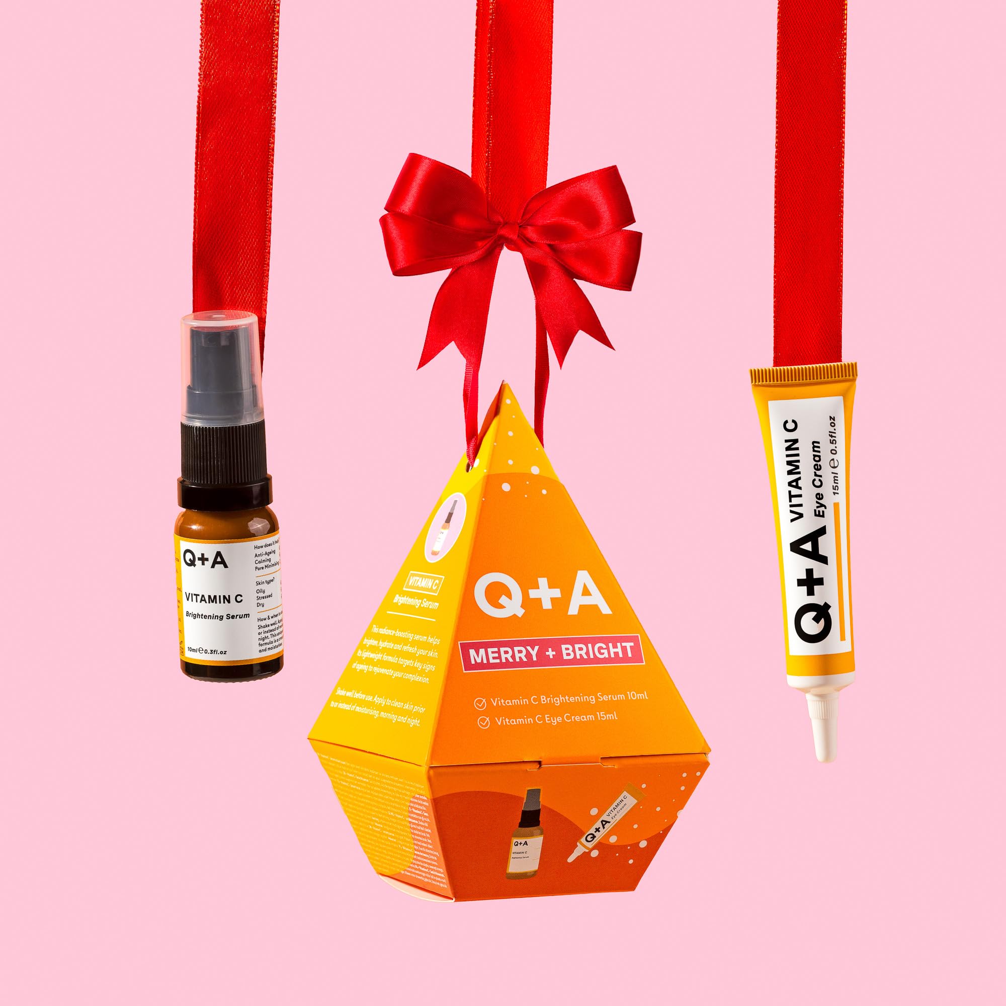 Q+A Merry + Bright zestaw upominkowy, witamina C Skincare Duo, serum rozjaśniające (10 ml) i krem pod oczy (15 ml), wzmacniający blask prezent dla nawilżonej, świecącej skóry, wypełniacze pończoch