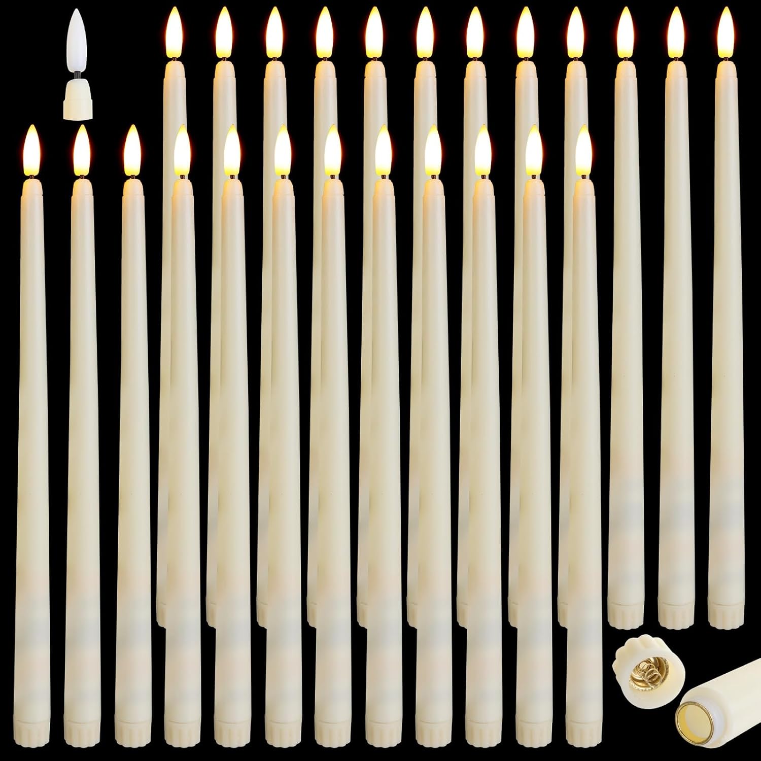 Baquler 24 Pcs Flameless Taper Candles Battery Operated Bulk 12.4 Ivory LED Taper Candles Flickering LED Candlesticks for Wedding Advent Halloween Christmas Party Decor