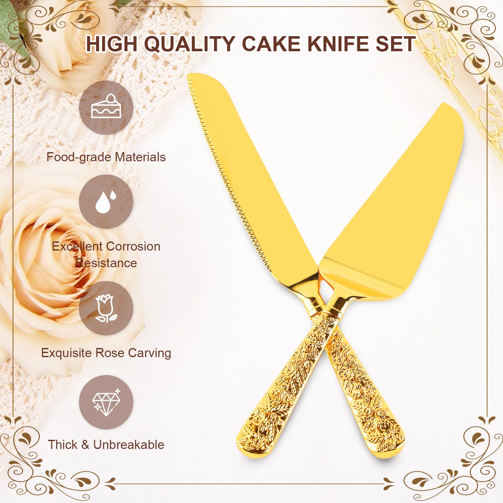 Gold Wedding Cake Knife & Server Set - Vintage Luxury -3