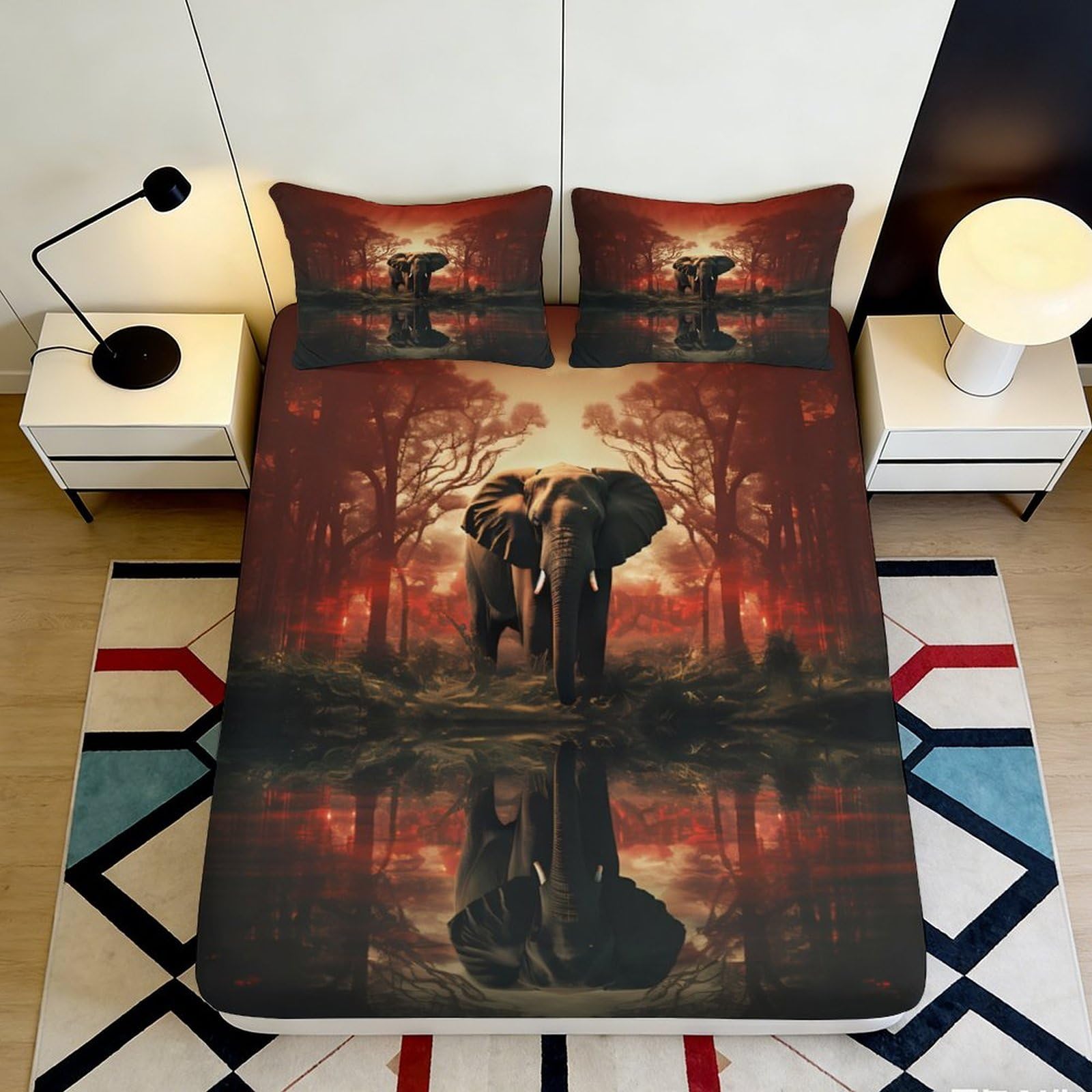 3D Printed Forest Elephant Fitted Sheet Microfiber Soft Anti-Slip Machine Washable Sunset Lake Bed Cover Bedroom Decor 90x200x25cm