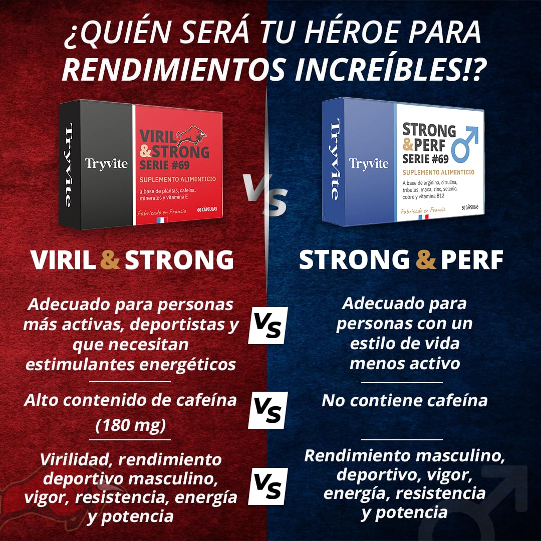 Fórmula Virilidad Hombre | 60 Cápsulas Para Circulación Sanguínea | Booster de Fuerza Resistencia Energía Natural | Ginseng, Guarana, Zinc | TRYVITE VIRIL&STRONG