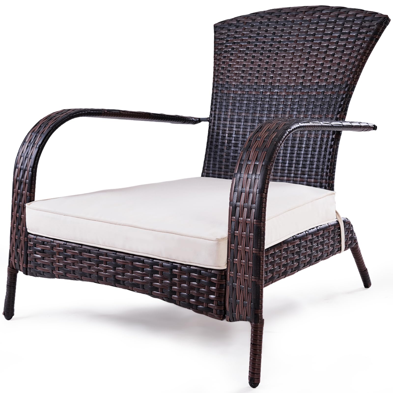 KOMFOTTEU Silla Jardín Exterior de Ratán Sintético, Sillón de Balcón con Cojín Grueso, Silla Adirondack Ergonómico con Reposabrazos Curvados, para Terreza, Patio, Piscina, 79 x 79 x 82 cm