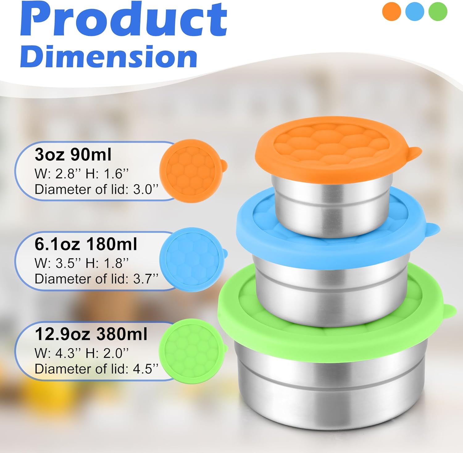 E-far Snack Containers with Lid Set of 3 (3, 6, 12.9oz), Stainless Steel Food Container for Kids Toddlers Adults, Round Metal Reusable Food Storage Box for Daycare School, Leak Proof & Stackable - Image 2