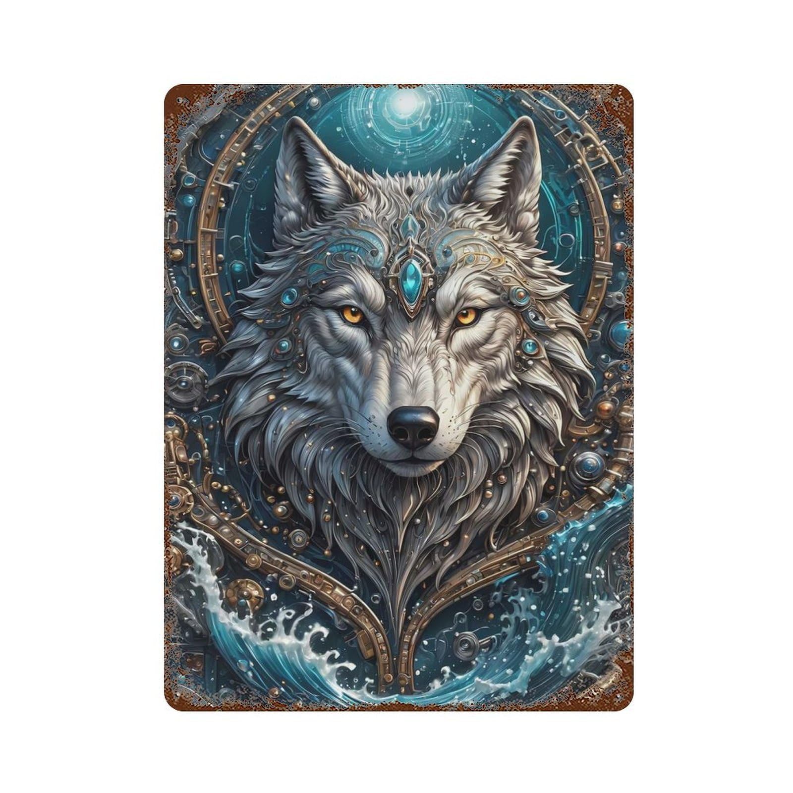 Ocean Wolf Steampunk Rust Effect Tin Sign 15.7"x11.8", Vintage Wall Decor for Pub, Kitchen And Man Cave Decor