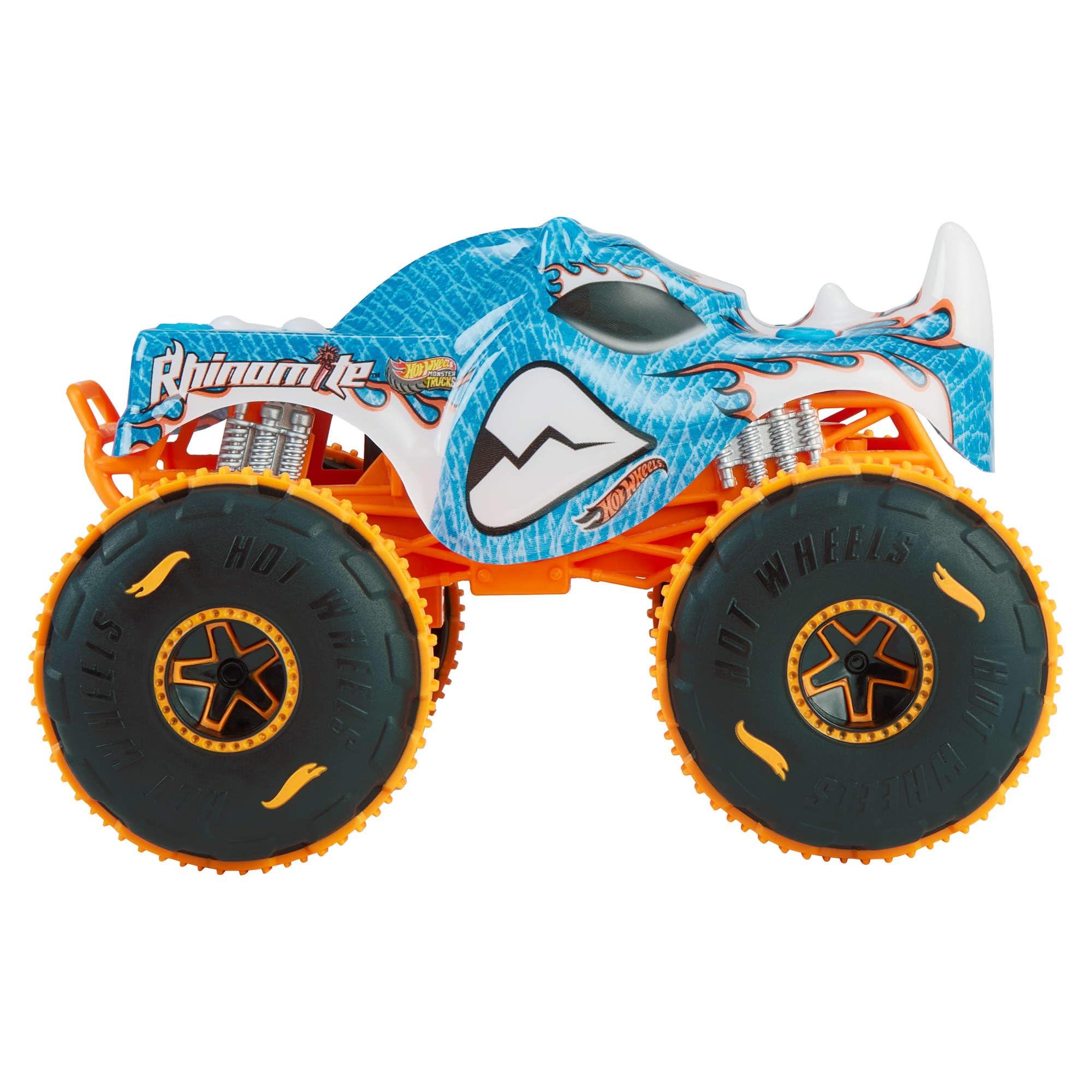 Hot Wheels Monster Trucks - Rhinomite R/C, camion radiocomandato in scala 1:24, con pneumatici Grip Action adatti a tutti i tipi di terreno e portata di 30 metri, 4+ anni, JBK11