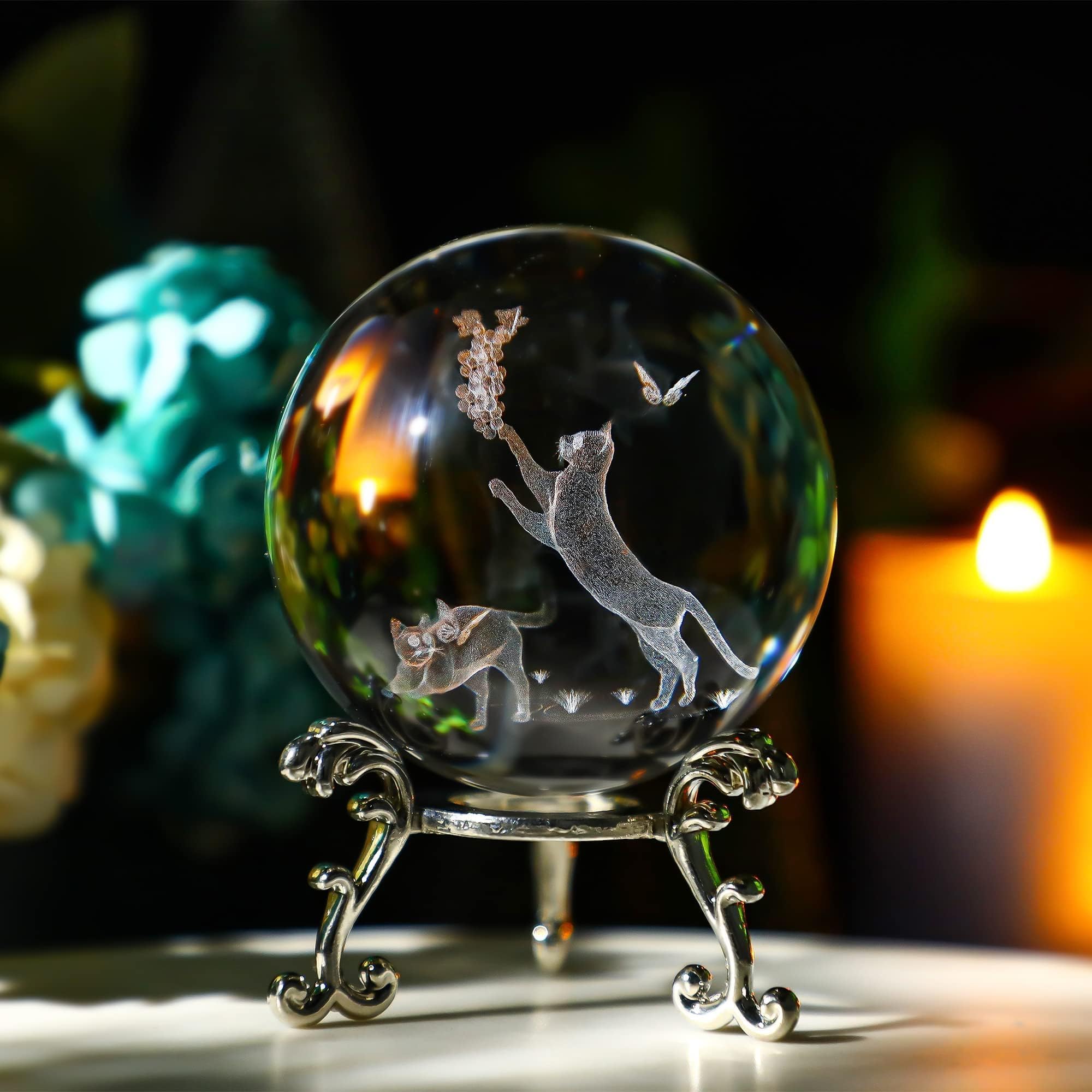 ZEERSHEE 60mm 3D Crystal Ball With Stand - Glass Cat Figurine Laser Engraved Sphere Paperweight With Butterfly - Gift for Cat Lovers Women